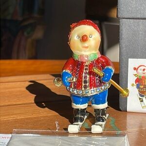 Objet d’Art Hitting the Slopes Snowman skier Enamel Trinket crystals